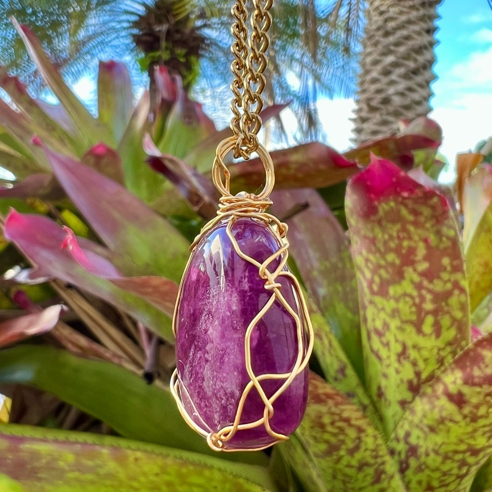 ✨ Deep Purple Fluorite Necklace • Gold Wrapped • 24" Chain ✨ - Picture 11 of 16